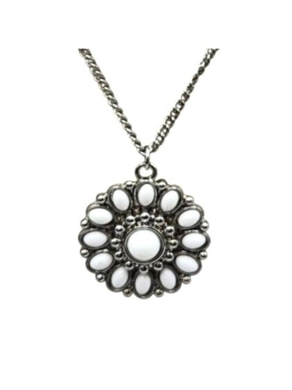 Vintage-Style Silver Tone Necklace With White Floral Pendant